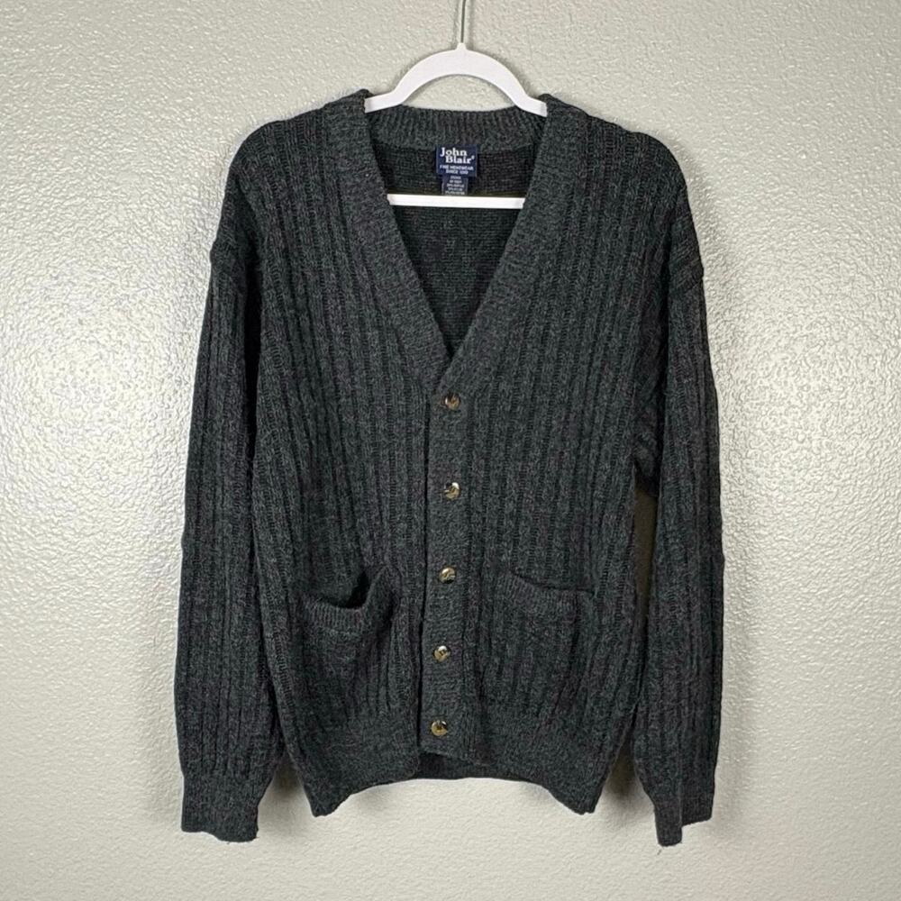 John Blair Men’s Medium Gray Acrylic Blend Long Sleeve Ribbed Button Up Cardigan